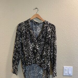 Zara Black and White Tie Front Blouse with Notched Collar